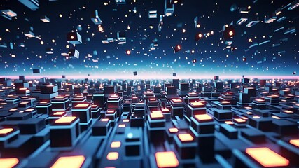 Futuristic Digital Cityscape With Glowing Cubes and Floating Data Blocks Creating a Cyberpunk High-Tech Network Vision
- Powered by Adobe