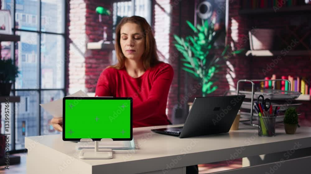 Poster freelancer does research by reading articles and papers next to chroma key display, collecting infor