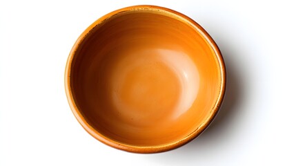 Empty rustic orange ceramic bowl sits on plain white background