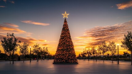 Sparkling Christmas Tree with Radiating Lights Creating a Starburst Effect in the Night Sky