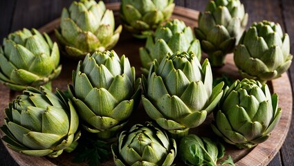 Fototapeta premium green close up artichokes showcasing freshness on an elegant wooden board.