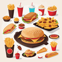 fastfood, fast, snack, food, meal, delicious, burger, lunch, background, dinner, american, meat, unhealthy, menu, restaurant, set, cheeseburger, junk, isolated, hamburger, fat, eat, sandwich, tasty, c