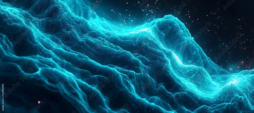 Poster bright cyan neon fractals forming a complex pattern against a dark void in a futuristic background.