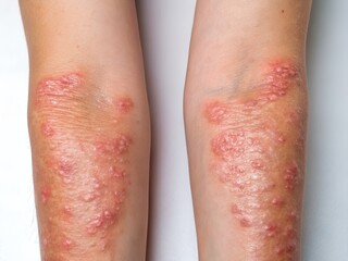 Detailed view of irritated skin on the elbows showing symptoms of a dermatological condition characterized by inflammation and redness.