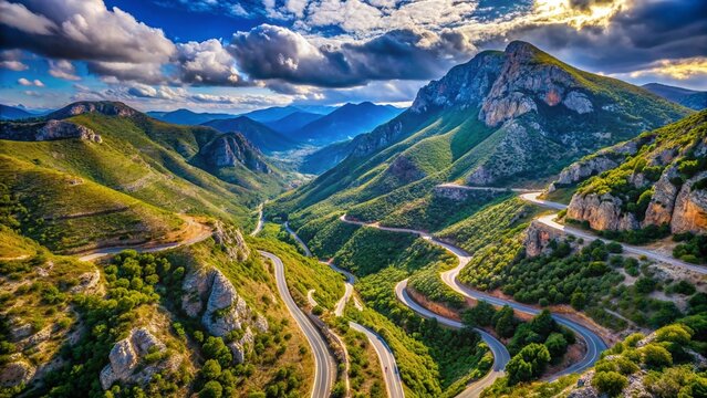 Aerial View of Road 82 Winding Through Taygetus Mountains, Peloponnese, Greece