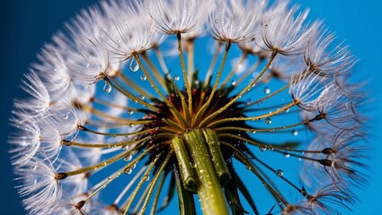 Obraz premium isolated macro dandelion displaying water droplets in natural beauty.