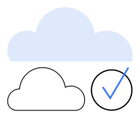 Simplistic cloud forms in blue and outline, paired with a checkmark. Ideal for cloud storage, approval, verification, success, data security, technology efficiency. Flat simple metaphor