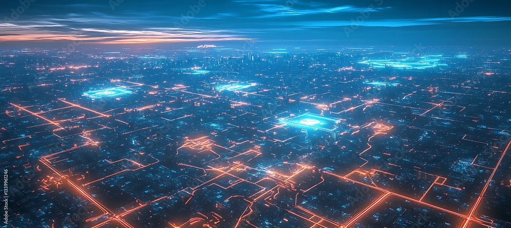 Poster cyan neon grids stretching across a vast digital world with a futuristic background and a cyber look