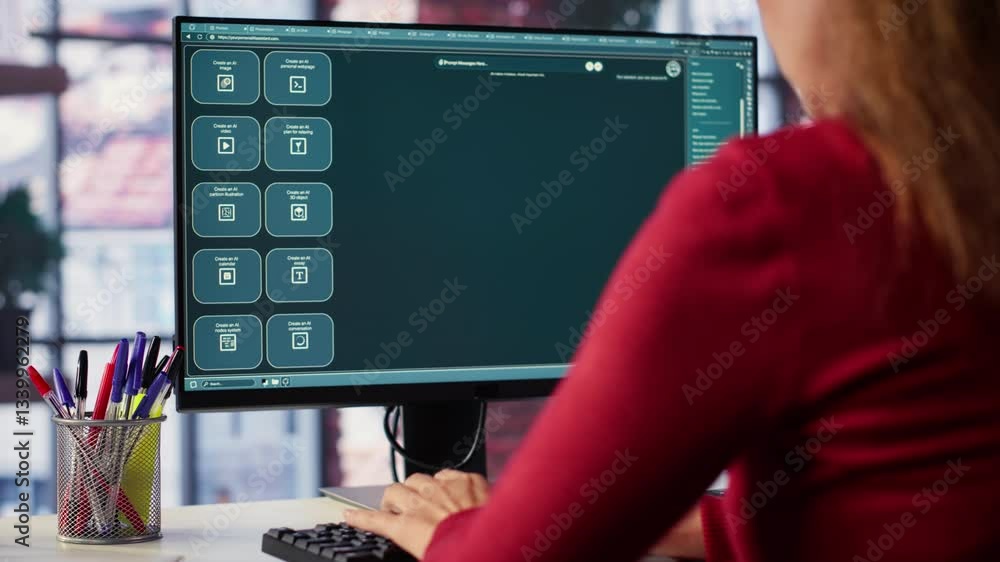 Poster professional person engaging with an ai chatbot on a computer screen, exploring power of digital ass