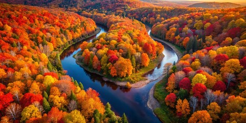 Aerial View: Winding River Autumn Forest, Colorful Fall Foliage, Nature Landscape
