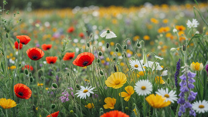 Naklejka premium Stunning wildflower field with red poppies yellow daisies and white blossoms blooming in lush green grass colorful floral meadow filled with natural beauty and peaceful scenery in spring