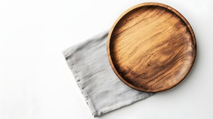 Round wooden plate resting on a gray fabric napkin