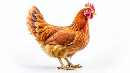 Fototapeta premium Alert Hen, Head Forward, Isolated White Background - Farm Animal Stock Photo