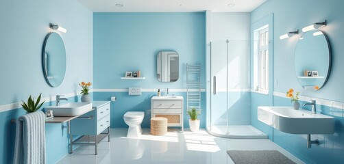 Bright, airy bathroom with blue accents, featuring a modern vanity and shower, water, design