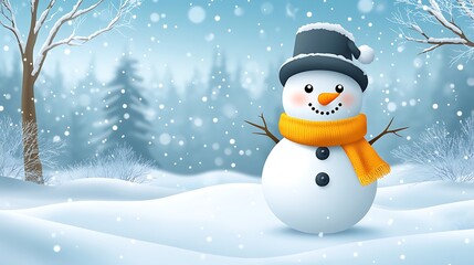 A simple vector illustration of a snowman standing in a frosty field with a carrot nose and scarf.