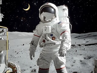 Astronaut on Moon for Night Sky Mission.
