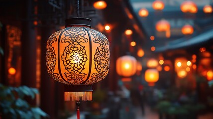 Decorative Chinese lantern with intricate design glowing with warmth and hanging as part of an elegant decoration for New Year festivities