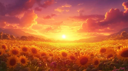 Fotobehang Sunflowers Bloom at Sunset in a Scenic Field © BoldPixel