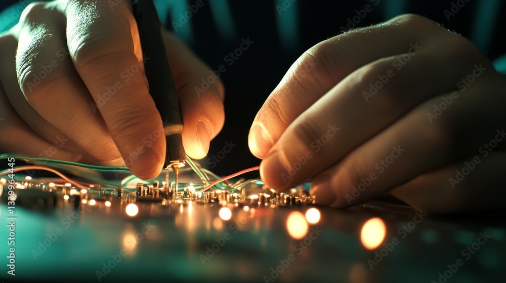 Poster close-up of hands assembling electronic components on a circuit board in a dimly lit workspace