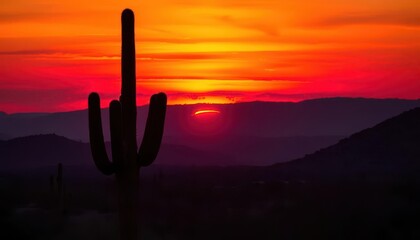 Majestic saguaro silhouette against vibrant Arizona sunset, desert landscape,  wildlife, desert