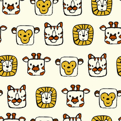 Fototapeta premium Simple animal seamless pattern. Background with lion, monkey, giraffe, and tiger. 