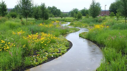 Obraz premium Serene Pathway Meandering Through a Vibrant Wildflower Meadow