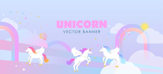 Background with bright unicorns, banner with stars, clouds and sun. Vector illustration.