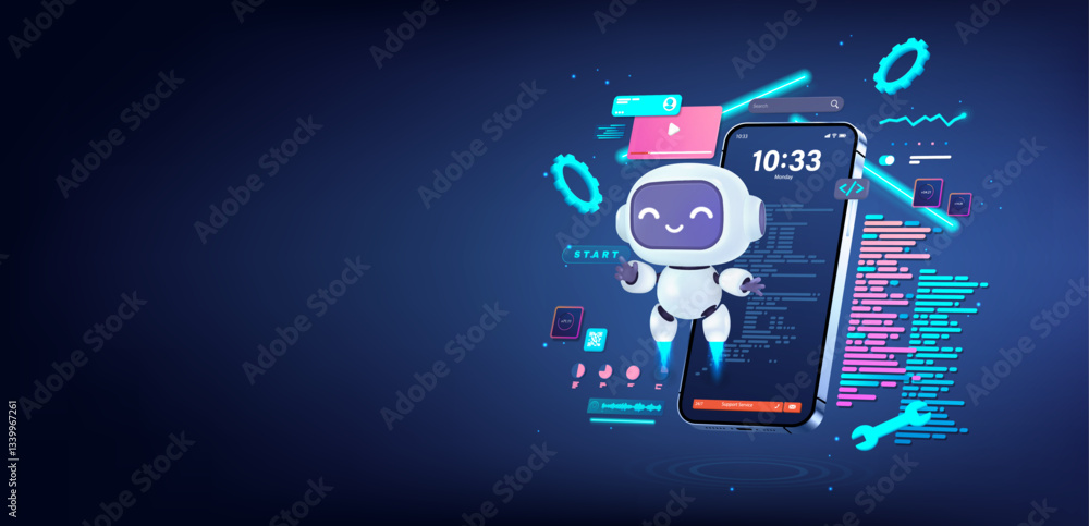 Poster Smart and interactive AI assistant in the mobile phone app. 3D futuristic robot interacts with code and graphics. AI assistant, chat bot concept. Artificial intelligence, mobile app. Vector 3D banner