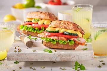 Homemade sandwich with curry chicken, chive and cheese.
