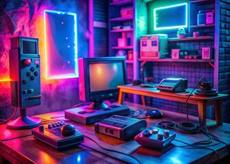 Authentic Documentary Style Gaming Setup Backgrounds: Retro Consoles, Vintage Tech, and Neon Lights