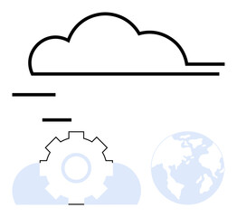 Cloud outline above a gear and globe symbolizing digital innovation, global collaboration, cloud computing, and technical progress. Ideal for technology, innovation, data, teamwork, development