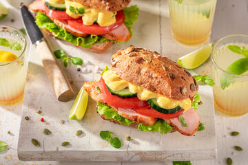 Fresh sandwich served with lemonade in summer.