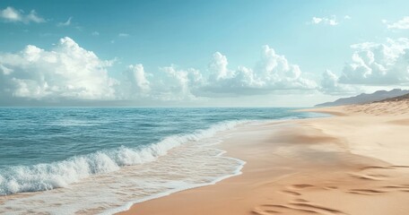 Obraz premium Serene beach with gentle waves and a clear blue sky.