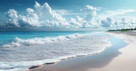 Serene beach with gentle waves under a vibrant blue sky.