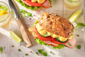 Tasty sandwich made of spicy chicken and vegetables.