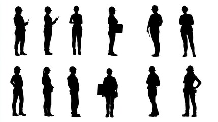 Silhouettes of Twelve Female Construction Workers in Various Poses