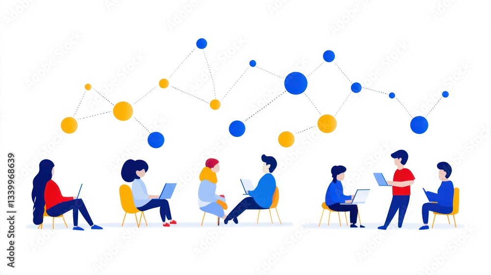 Poster global network collaboration: diverse team working together on laptops, connected by a network of do