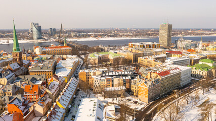 Riga, Latvia, Baltics.Beautiful panoramic aerial 4K video from flying drone to Riga Castle. The Old...