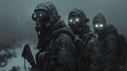 Fototapeta premium Tactical team in heavy winter gear wearing gas masks with glowing eyes, standing in snowfall with weapons ready, creating eerie apocalyptic atmosphere in monochromatic blue-gray tones