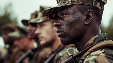 Fototapeta premium Military soldiers standing in formation wearing camouflage uniforms with face paint, focused expressions conveying determination and readiness, silhouetted against soft background light