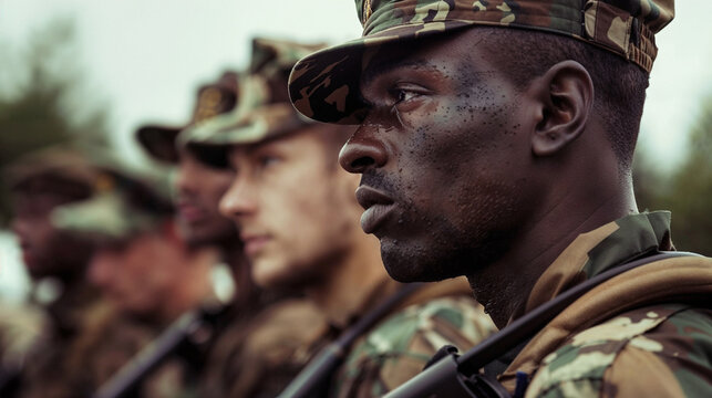 Military soldiers standing in formation wearing camouflage uniforms with face paint, focused expressions conveying determination and readiness, silhouetted against soft background light