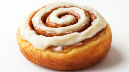 Freshly baked cinnamon roll with a generous swirl of cream cheese frosting, sitting on a clean white background