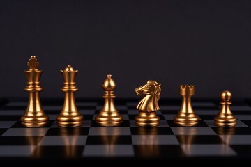 lined up in golden colors king, queen, knight, rook, pawn, on a chess board