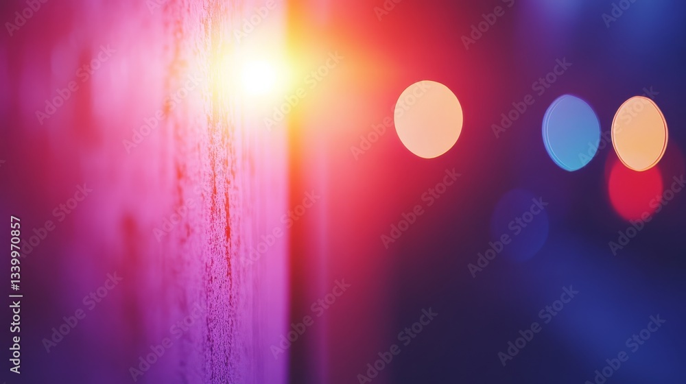Poster abstract close-up of a textured wall illuminated by colorful light bokeh in a nighttime setting