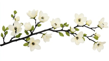 Obraz premium Elegant Magnolia Branch with Creamy White Blossoms on a Pure White Background