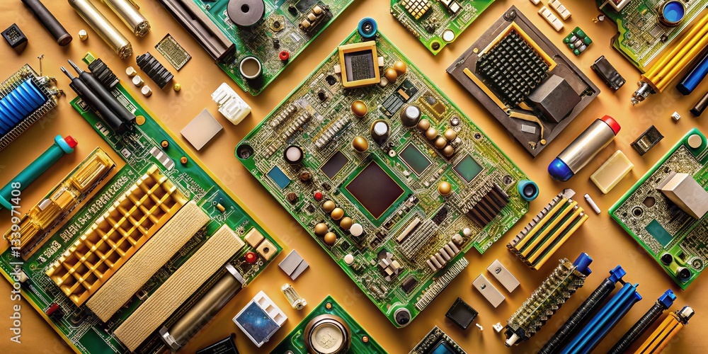 Poster beige background stock photo: assorted computer hardware components