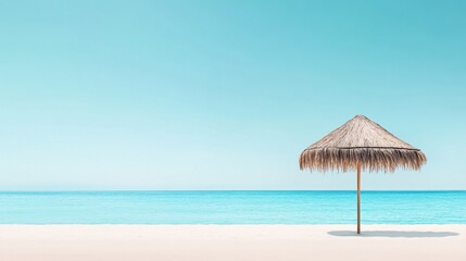 Tropical beach scene with straw umbrella on white sand