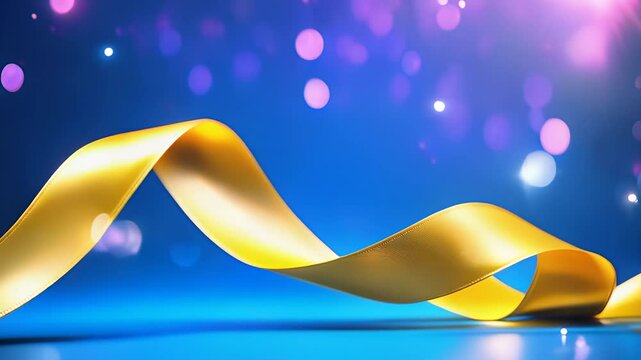 A yellow ribbon is on a blue background. The ribbon is long and curvy