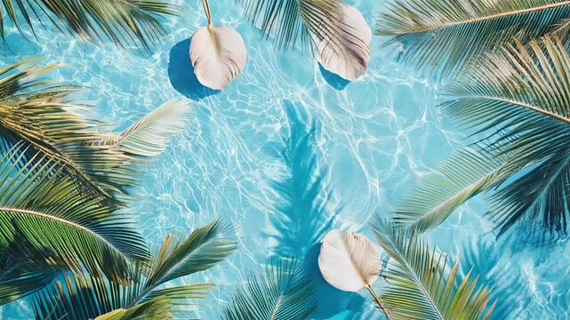 A blue ocean with palm trees in the background. The palm trees are casting shadows on the water