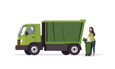 Woman Emptying Trash into Green Garbage Truck - Recycling Illustration